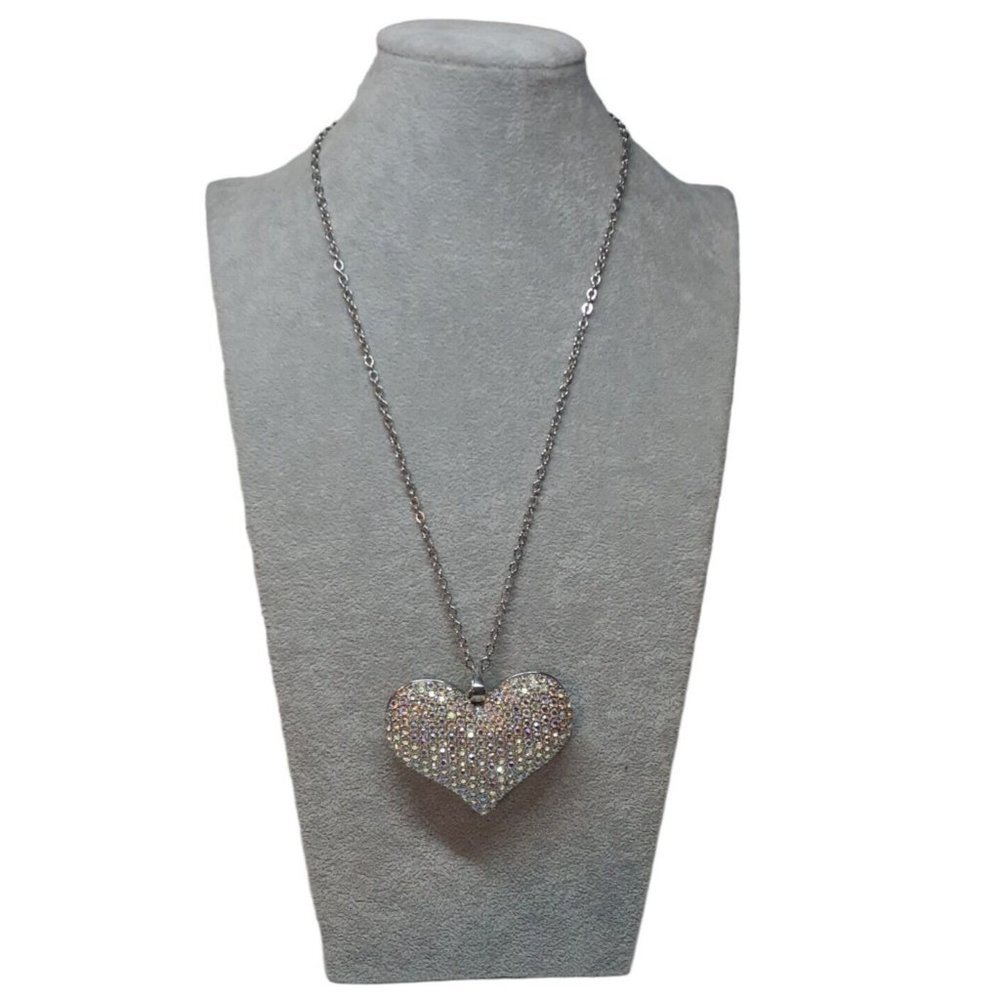 Necklace Rhinestone 3" Pave Heart Long Silver-Tone Chain Cage Back Valentines - Picture 4 of 8